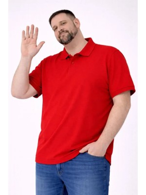 paris store Erkek Pike Kumaş Düğmeli Yaka Battal Büyük Beden Günlük Kısa Kol Tişört T-Shirt - Kırmızı