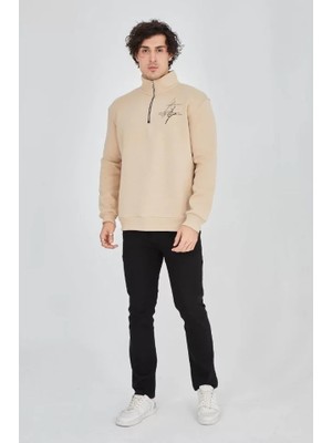 paris store Erkek Yarım Fermuarlı Baskılı Sweat - Bej