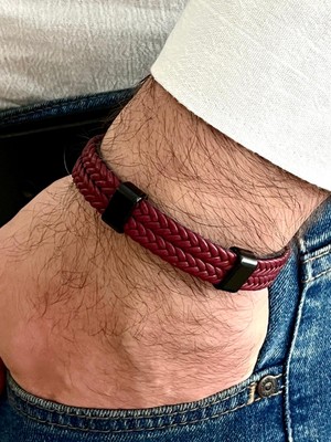 Gns Aksesuar Bordo Renk %100 Deri 2li Kombin Erkek Bileklik 21 cm (Türk El Üretimi)