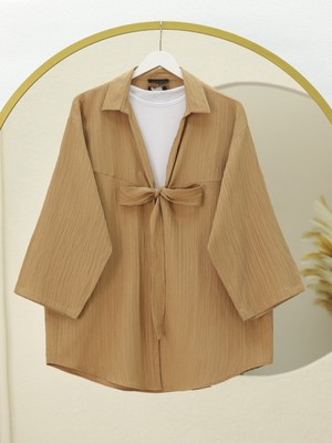 Moda Morfo Önden Bağlamalı Krınkıl Kimono -Vizon