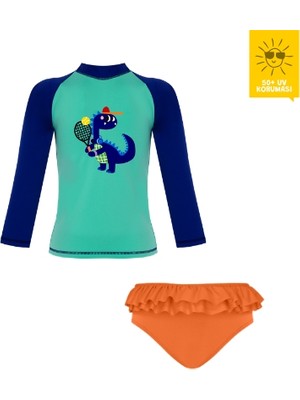 Daring Littles Uv Korumalı Upf 50+ Bebek Yüzme Seti - Uzun Kollu Dinozor Baskılı Üst & Fırfırlı Bikini Altı - Geri Dönüştürülmüş Kumaş - D-Rex Koleksiyonu
