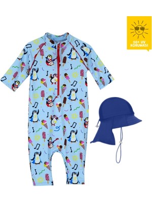 Daring Littles Uv Korumalı Upf 50+ Bebek Şapkalı Yüzme Seti - Uzun Kollu Penguen Desen Tulum & Lacivert Şapka - Geri Dönüştürülmüş Kumaş - Tappy Koleksiyonu