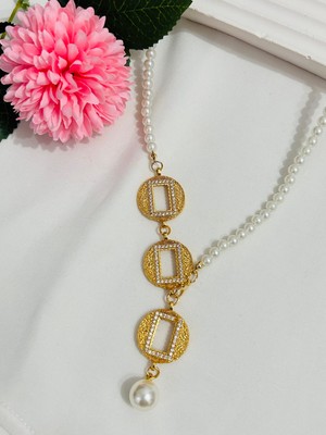 Roya Happiness Özel Tasarım Gram Altın Kolye 3'lü Gram Külçe Çerçeveli Inci Kolye Bileklik Seti Sevgiliye Hediye