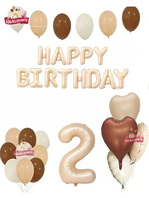 Bkmc Bej Nude Yaş Balonlu Doğum Günü Full Parti Seti Retro Kalp Balonlu Bej Happy Birthday & Balon Parti Seti Süsü