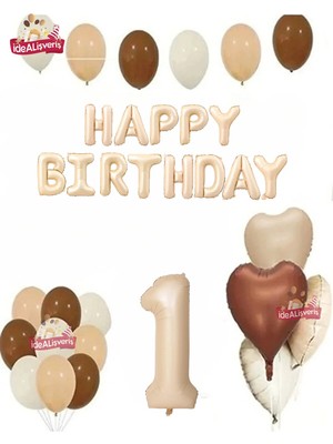 Bkmc Party Bej Nude Yaş Balonlu Doğum Günü Full Parti Seti Retro Kalp Balonlu Bej Happy Birthday & Balon Parti Seti Süsü