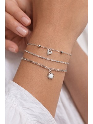 Laria Kadın Gümüş Renk Sallantılı Kalp ve Güneşli 3'lü Bileklik Seti - Ayarlanabilir Zincir