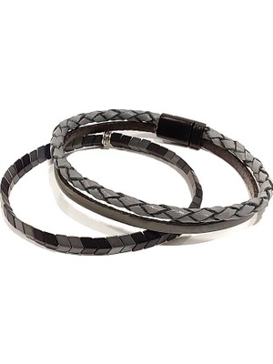 Gns Aksesuar Gri Renk %100 Deri&hematit 3l3 Kombin Erkek Bileklik Set 21 cm (Türk El Üretimi)