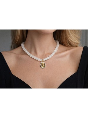 Aurevyn Design Kuvars Doğal Taş Altın Kaplama Madalyon Kolye