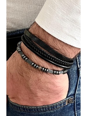 Gns Aksesuar Siyah&gri Renk %100 Deri-Hematit 4lü Kombin Erkek Bileklik Seti 21 cm (Türk El Üretimi)