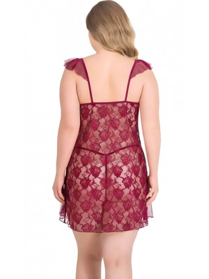 Marsilyan Luna Lora Büyük Beden Bordo Tül Mini Gecelik Zarif Kadın Gece Elbisesi