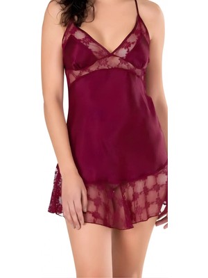 Marsilyan Luna Lora Bordo Saten Mini Gecelik Zarif Kadın Gece Elbisesi