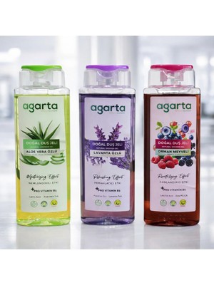 Agarta Doğal Duş Jeli Seti 3X400 ml – Aloe Vera, Lavanta, Orman Meyveli | Nemlendirici, Ferahlatıcı, Canlandırıcı + Pro Vitamin B5 Vegan