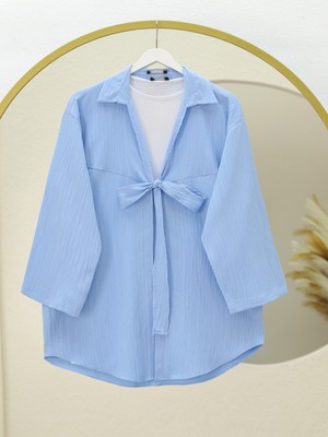 Moda Morfo Önden Bağlamalı Krınkıl Kimono -Bebe Mavi