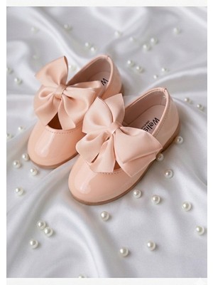 Welissa Soft Pudra Saten Fiyonklu Kız Çocuk Babet, Suni Deri İnce Topuklu Günlük Ayakkabı