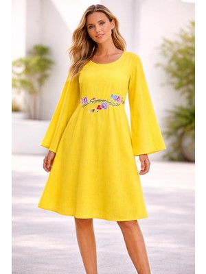 Tosbik Otantik Tosbikotantik Kişiye Özel Tasarım El Işi Kanaviçe Işlemeli Sarı Şile Bezi Elbise