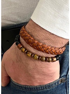 Gns Aksesuar Kahverengi %100 Deri&kaplangözü 2li Kombin Erkek Bileklik Set 21 cm (Türk El Üretimi)