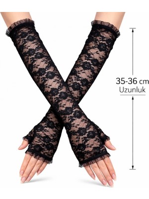 Marsilyan Uzun Zarif Dantel Eldiven Parmaksız Siyah