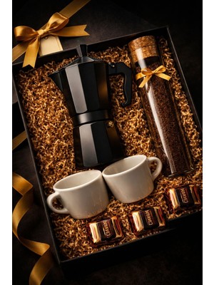 Artopio Siyah Moka Pot 3 Cup (150 Ml) Kahve Hediye Seti | Özel Filtre Kahve ve 2'li Fincan Konsept Kutu