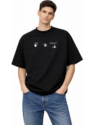 Camblys Kadın Erkek Unisex Off White El Logo Ön Baskılı Oversize Kalın Kumaş Bol Kesim Pamuklu T-Shirt