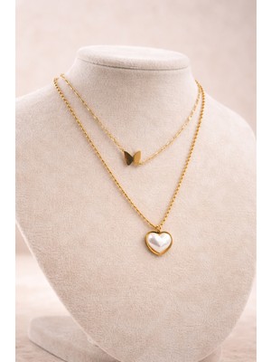 Allivo Altın Renk Inci Kalp ve Kelebek Detaylı Çoklu Çelik Kolye