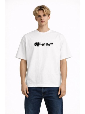 Camblys Unisex Kadın Erkek Off White Spray Ön Baskılı Oversize Kalın Kumaş Bol Kesim Pamuklu T-Shirt