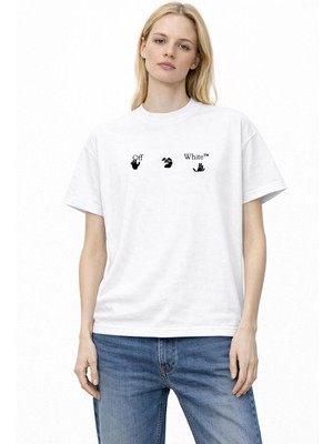 Camblys Kadın Erkek Unisex Off White El Logo Ön Baskılı Oversize Kalın Kumaş Bol Kesim Pamuklu T-Shirt