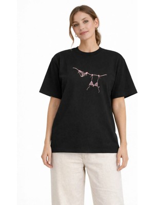 Camblys Kadın Bikini Summer Tasasrım Ön Baskılı Oversize Kalın Kumaş Bol Kesim Pamuklu T-Shirt