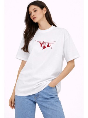 Camblys Kadın Bikini Summer Tasasrım Ön Baskılı Oversize Kalın Kumaş Bol Kesim Pamuklu T-Shirt