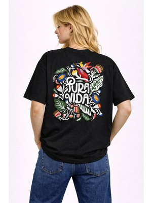 Camblys Unisex Kadın Erkek Pura Vida Özel Sırt Baskılı Oversize Kalın Kumaş Bol Kesim Pamuklu T-Shirt
