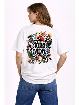 Camblys Unisex Kadın Erkek Pura Vida Özel Sırt Baskılı Oversize Kalın Kumaş Bol Kesim Pamuklu T-Shirt