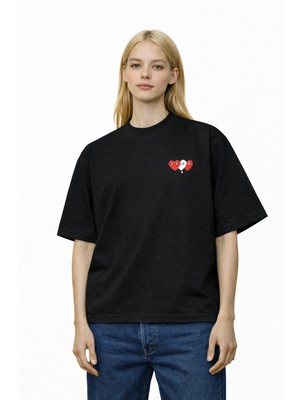 Camblys Kadın Erkek Unisex Comme Des 3lu Kalp Ön Baskılı Oversize Kalın Kumaş Bol Kesim Pamuklu T-Shirt