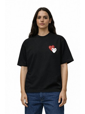 Camblys Kadın Erkek Unisex Comme Des Ikili Kalp Ön Baskılı Oversize Kalın Kumaş Bol Kesim Pamuklu T-Shirt