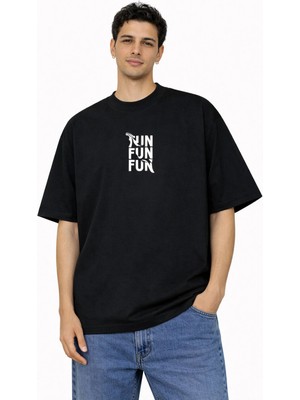 Camblys Kadın Erkek Unisex Fun Asimetrik Ön Yazı Baskılı Oversize Kalın Kumaş Bol Kesim Pamuklu T-Shirt