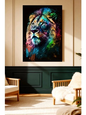 Mushen Studio Renkli Aslan Portresi Neon Patlama Modern Kanvas Tablo