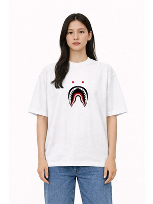 Camblys Kadın Erkek Unisex Sharktee Gözlü Baskılı Oversize Kalın Kumaş Bol Kesim Pamuklu T-Shirt