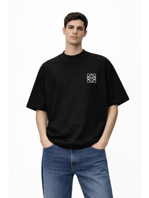 Camblys Kadın Erkek Unisex Loe Logo Ön Baskılı Oversize Kalın Kumaş Bol Kesim Pamuklu T-Shirt