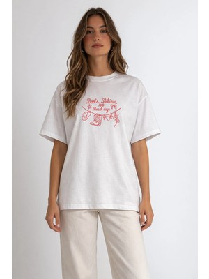 Camblys Kadın Bikini Summer Tasasrım Ön Baskılı Oversize Kalın Kumaş Bol Kesim Pamuklu T-Shirt