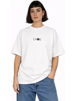 Camblys Kadın Erkek Unisex Caos Yazılı Ön Baskılı Oversize Kalın Kumaş Bol Kesim Pamuklu T-Shirt