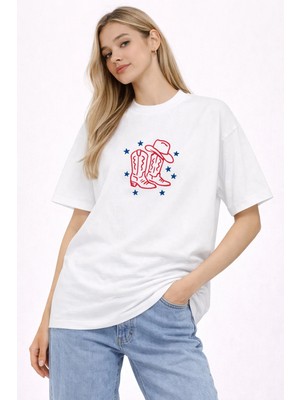 Camblys Kadın Kovboy Çizmesi Digital Ön Baskılı Oversize Kalın Kumaş Bol Kesim Pamuklu T-Shirt