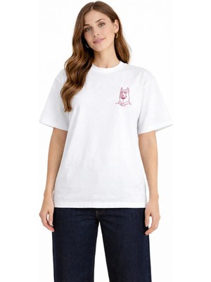 Camblys Kadın Dog ve Sarap Ön Baskılı Oversize Kalın Kumaş Bol Kesim Pamuklu T-Shirt