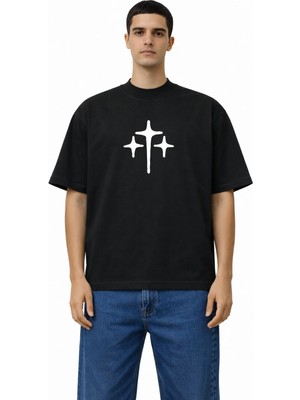 Camblys Kadın Erkek Unisex 3 Yıldız Ön Yazı Baskılı Oversize Kalın Kumaş Bol Kesim Pamuklu T-Shirt