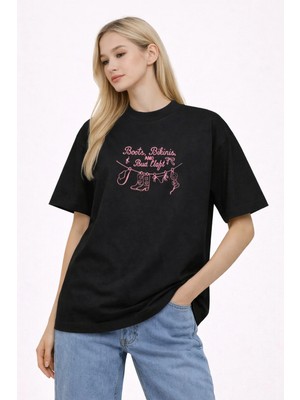 Camblys Kadın Bikini Summer Tasasrım Ön Baskılı Oversize Kalın Kumaş Bol Kesim Pamuklu T-Shirt