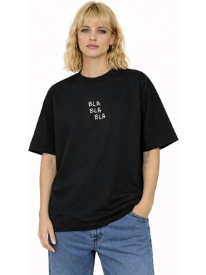 Camblys Kadın Erkek Unisex Bla Bla Asimetrik Ön Yazı Baskılı Oversize Kalın Kumaş Bol Kesim Pamuklu T-Shirt