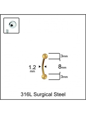 Aida Jewelss %100 Cerrahi Çelik Cancanlı Top 3mm x 8mm x 1.2mm Altın Banana Piercing