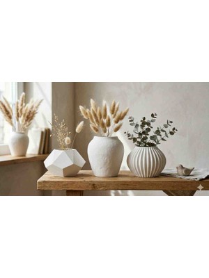 BerMey Doğal Mineral Döküm 3'lü Vazo Seti - Beyaz Dekoratif Vazo Takımı - 10X15 cm