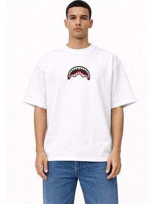 Camblys Kadın Erkek Unisex Bathıng Bape Shark Tee Ön Baskılı Oversize Kalın Kumaş Bol Kesim Pamuklu T-Shirt