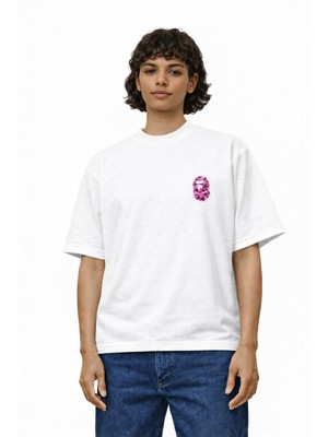 Camblys Kadın Erkek Unisex Bathıng Age Logo Pembe Ön Baskılı Oversize Kalın Kumaş Bol Kesim Pamuklu T-Shirt