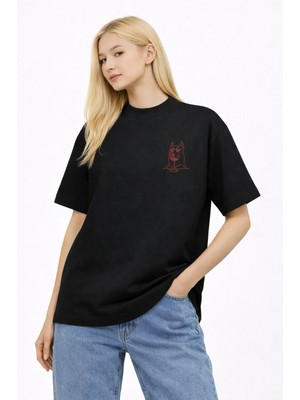 Camblys Kadın Dog ve Sarap Ön Baskılı Oversize Kalın Kumaş Bol Kesim Pamuklu T-Shirt