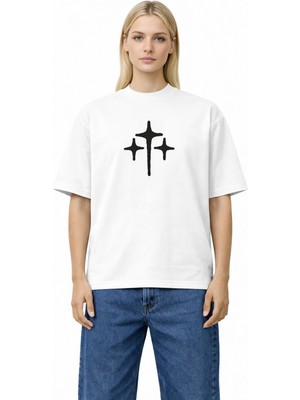 Camblys Kadın Erkek Unisex 3 Yıldız Ön Yazı Baskılı Oversize Kalın Kumaş Bol Kesim Pamuklu T-Shirt