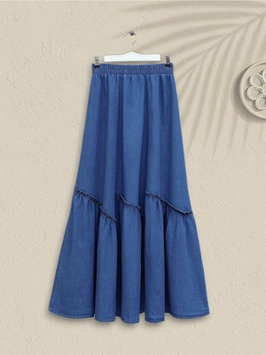 Modamorfo Beli Lastikli Parça Kumaş Kot Etek -Indigo